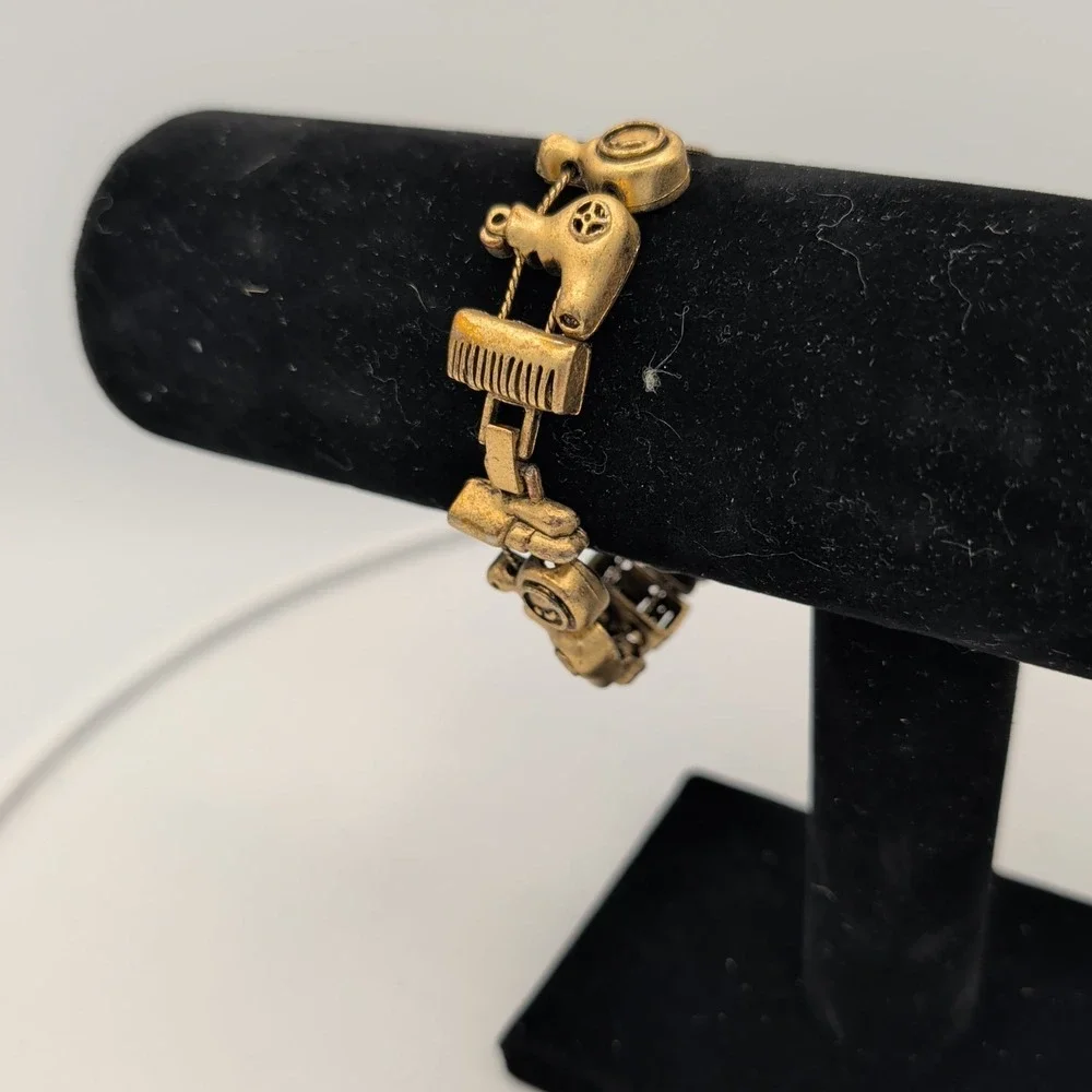 Vintage Gold Tone Hairdresser Salon Stylist Charm Bracelet Comb Mirror Dryer‎